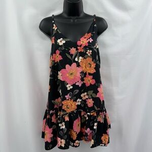 Olivaceous Linen Blend Floral Ruffle Hem Mini Dress in Black Multi | Small